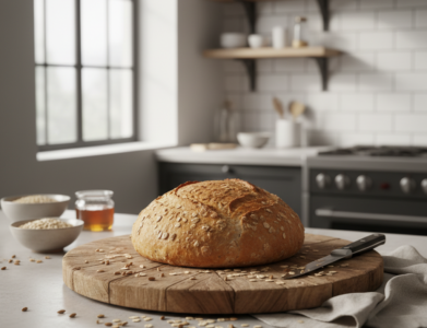 Naminė avižinė duona iš pilno grūdo miltų ant medinio lentelės